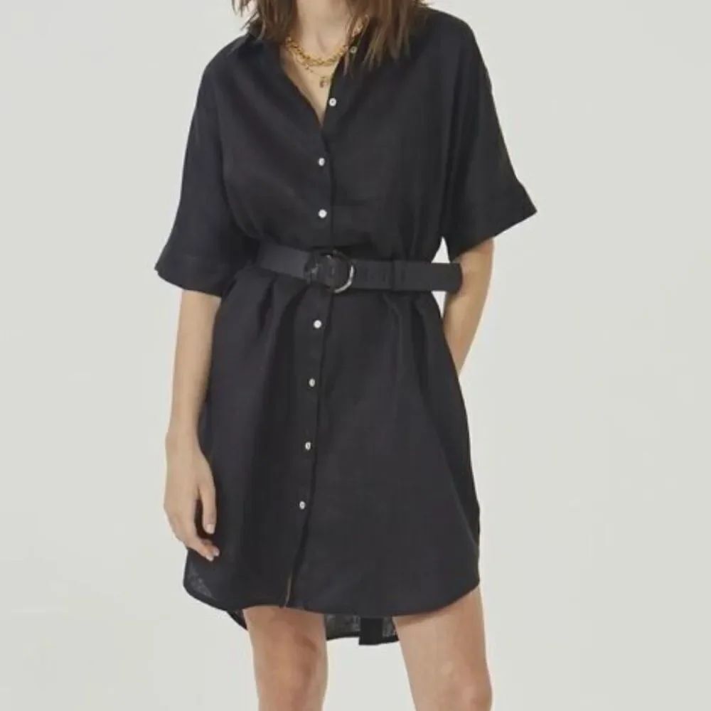 Lanhtropy Women's Size S/M Black Alba Shirt Dress 100% Linen Pockets